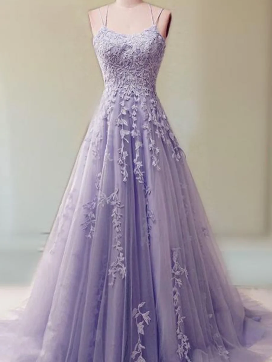 Vestido de novia morado sin mangas personalizado, apliques exquisitos, largo hasta el suelo, cola de corte, vestidos de playa de encaje sin espalda sexys