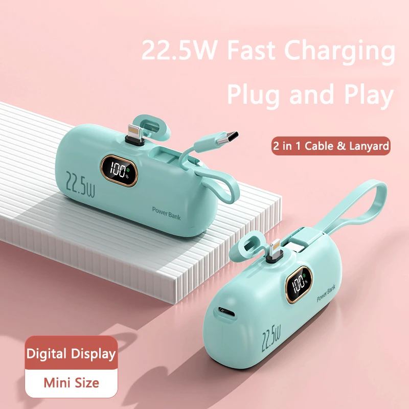 22.5W Fast Power Bank 5000mAh Built Cable Type C Plug Portable Charger for iPhone 15 14 13 Samsung Xiaomi Huawei Mini Powerbank