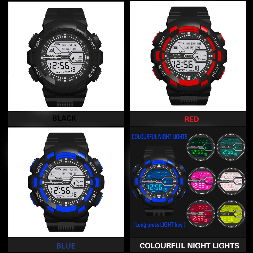 Men'S Watch Multi Function Outdoor Sports Watch Fashion Digital Wristwatches Seven Colors Colorful Luminous Electronic Watch