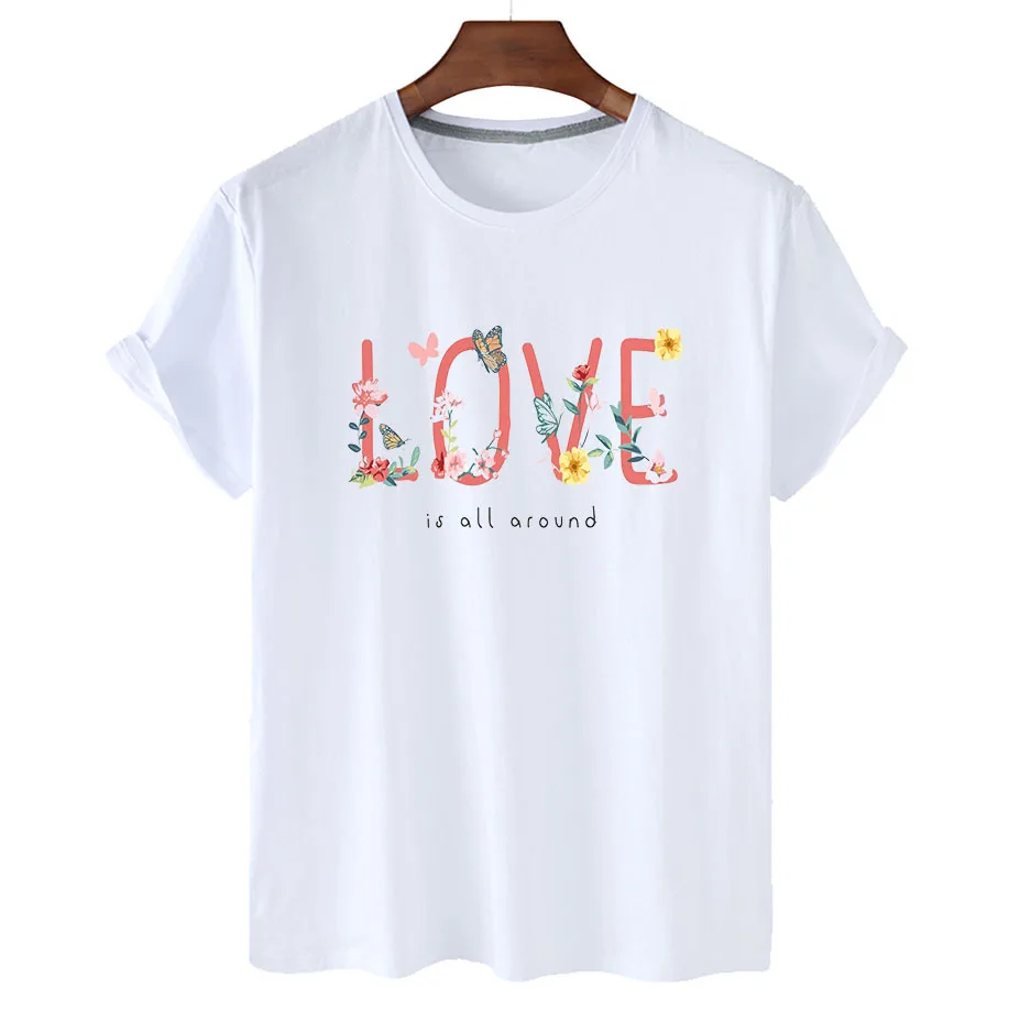 100% Cotton Love Flower Print Short Sleeve T-Shirt Women's 2022 Summer Women's Casual T-Shirt Unisex Short Sleeve T-Shirt S-4XL