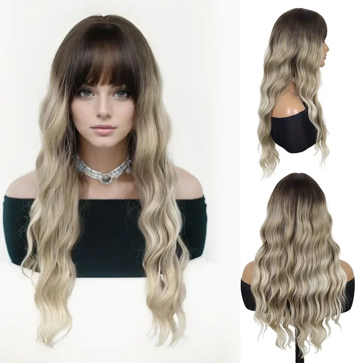 Synthetic Hair 27inch Long Curly Wig with Bangs Ombre Blonde Wigs for Women Mixed Brown with Highlight Water Wave Wig Drag Queen