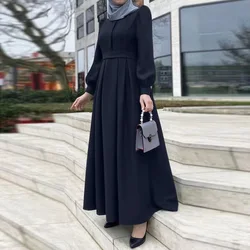 Ramadan Abaya 2024 musulmano Dubai Abaya donna tinta unita Casual girocollo manica lunga vita legata abiti larghi sottili con cintura