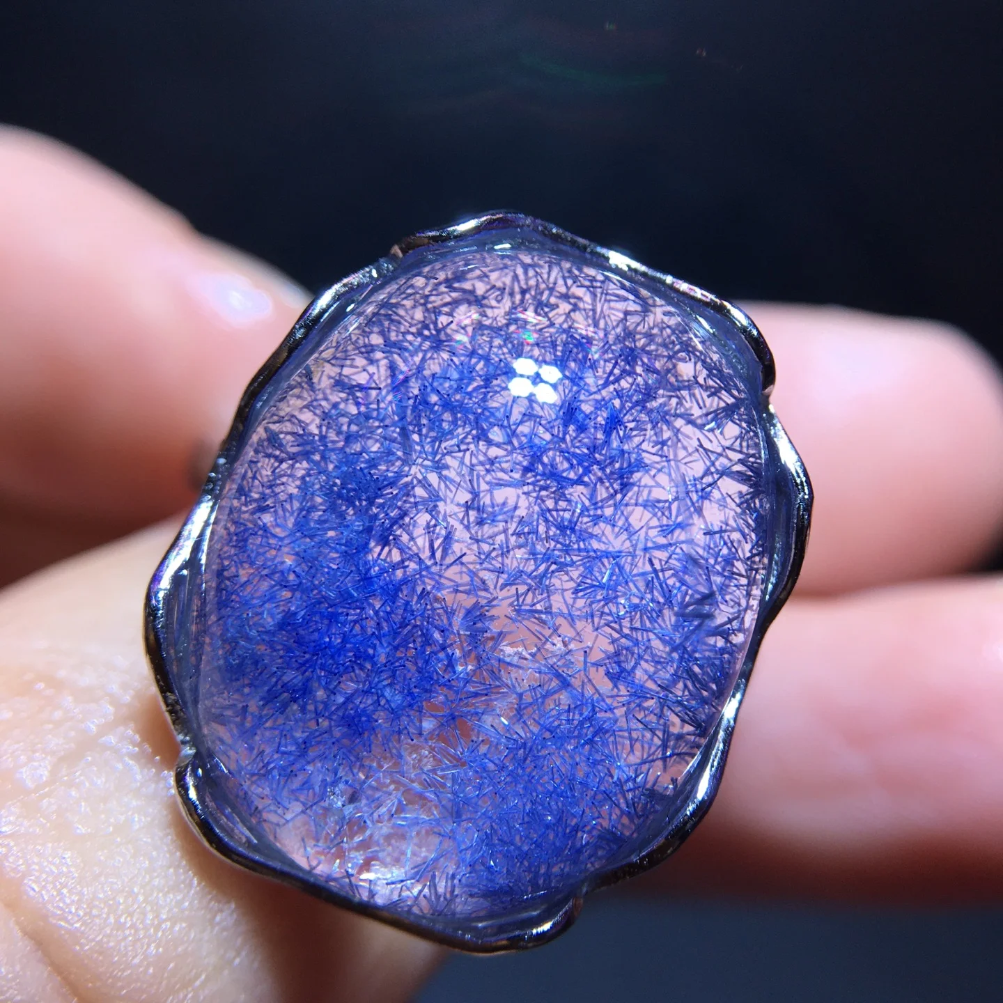 Natural Blue Rutilated Dumortierite Quartz Adjustable Ring 18.6/15.2mm Woman Men Ring Jewelry AAAAAA