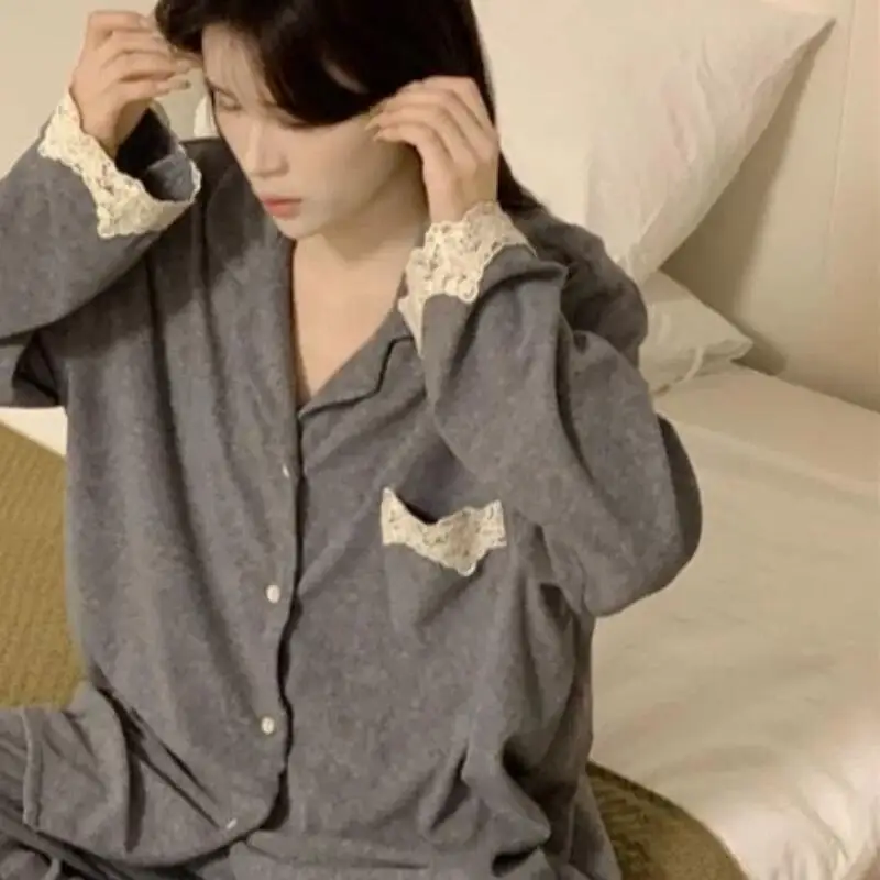 

Korean Style Pajamas for Women Spring and Autumn New Sweet Style Student Gray Thin Lace Edge Long Sleeved Trousers Home Wear Set