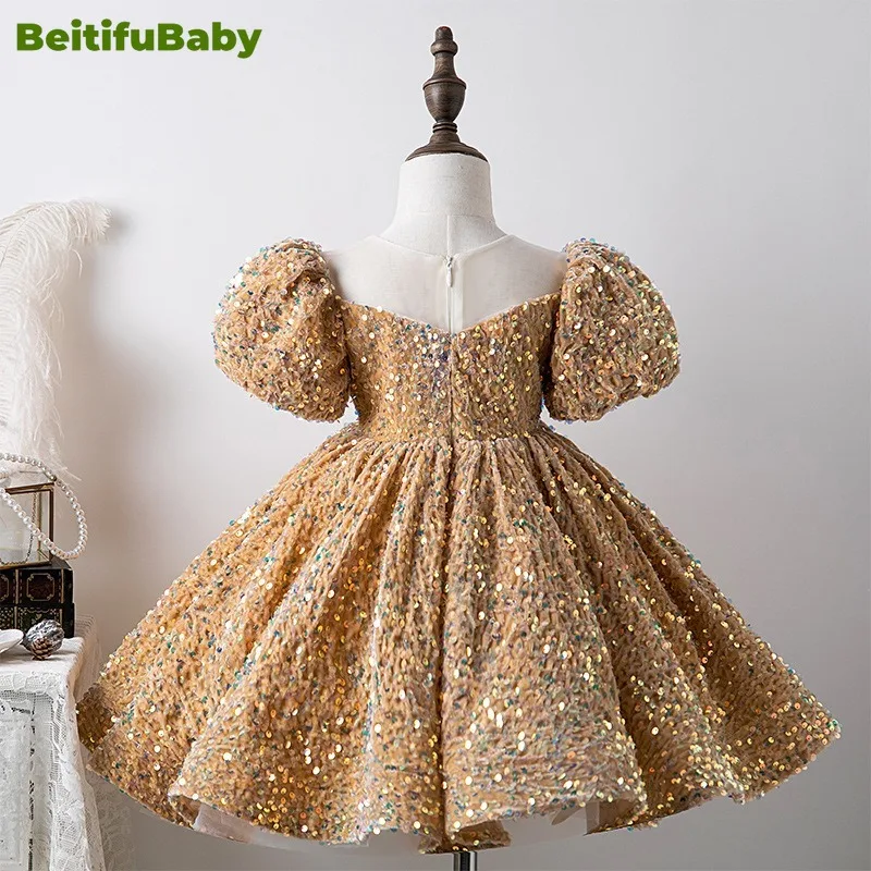 BeitifuBaby-Vestido retrô estilo princesa para meninas, vestido de baile infantil, mangas bolha, lantejoulas, vestidos de banquete, florista, festa de casamento