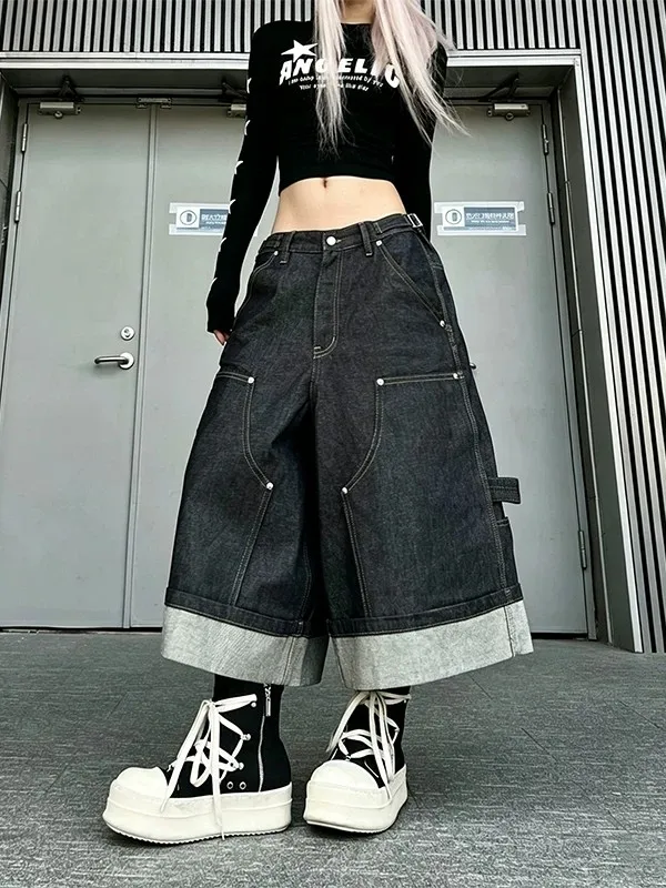 Calças Jeans Americanas Retrô Pretas de Perna Larga para Homens e Mulheres, Estilo Tendência Costa Oeste, Silhueta Solta, Aci...