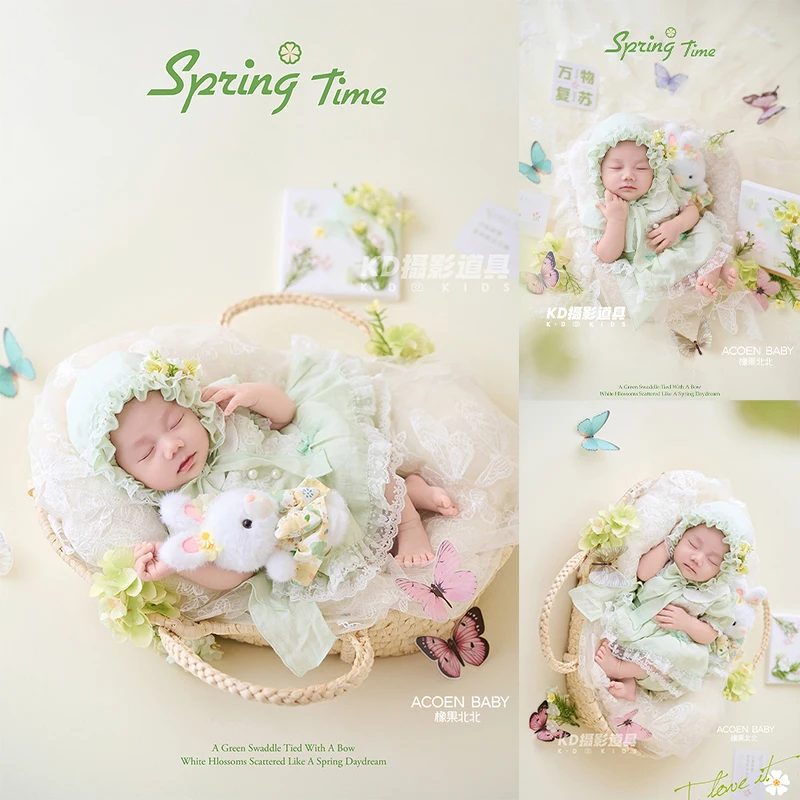 newborn-photography-props-set-green-lace-romper-bonnet-basket-liner-bunny-doll-spring-newborn-photo-outfit-for-studio