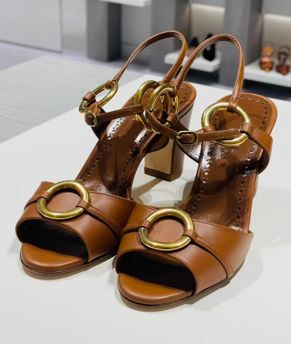 Retro Brown Leather Block Heel Sandals Oversized Gold Ring Hardware Adjustable Ankle Strap Open-Toe Design Fashion Sandals