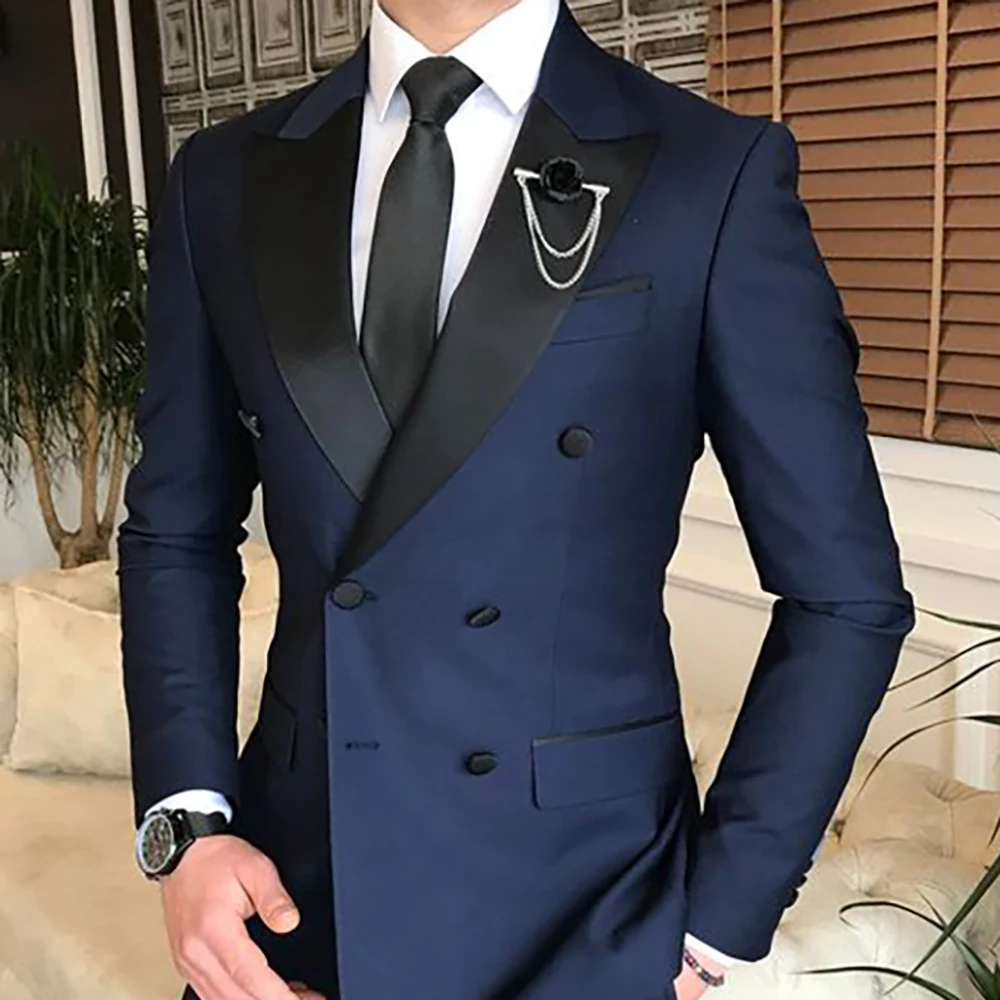 Elegant Navy Blue Men Suits Double  Breasted Business Blazer  Fashion Flim  Fit 2 Piece Jacket Pants Costume Homme Pour Mariage