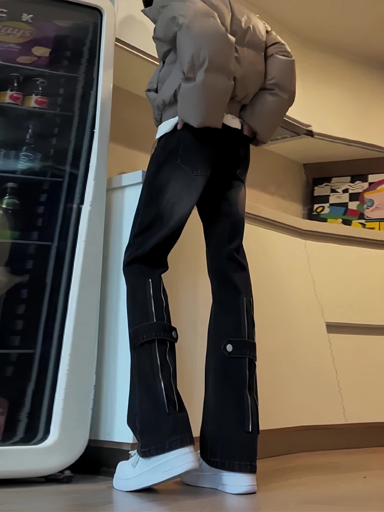 

Bla Zipper Jeans Men's Thin Summer Vintage American Workwear Straight Leg Loose Fit Pants Youthful Trend Cotton Polyester B...