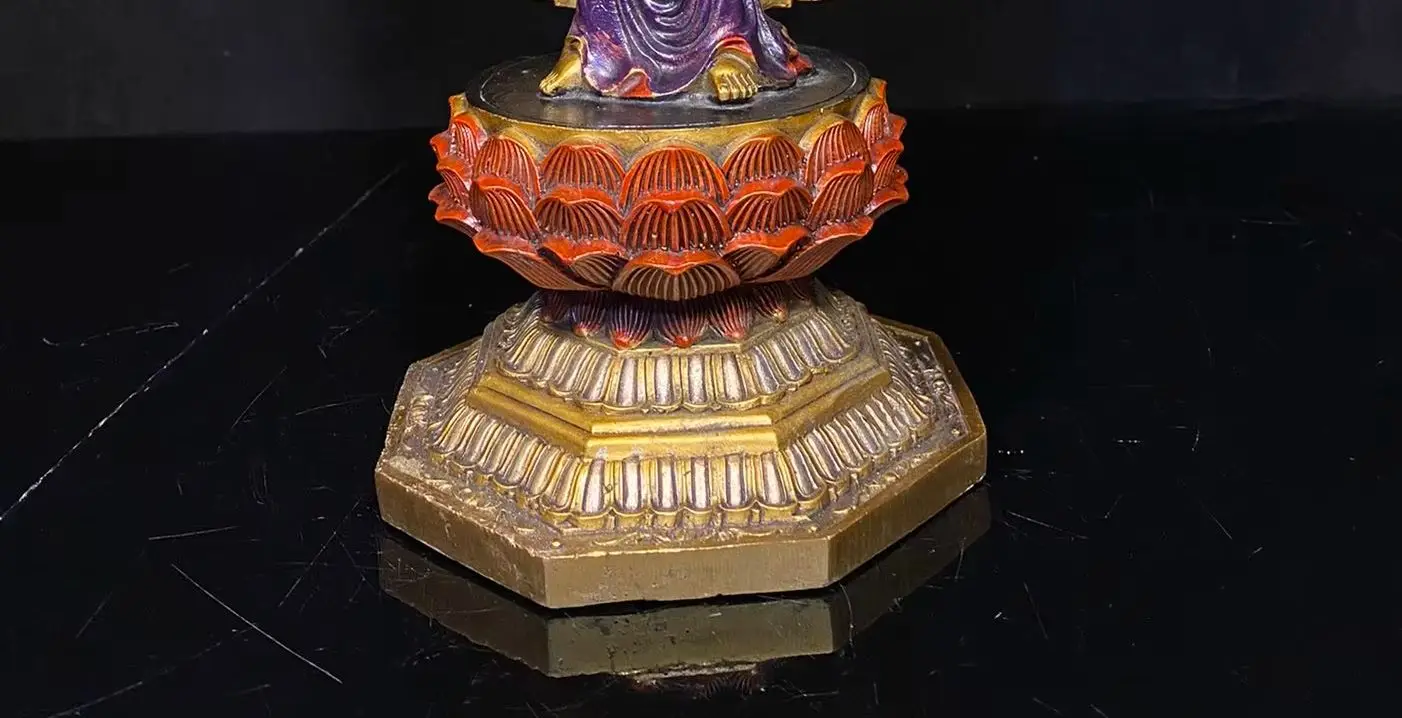 16"Tibetan Temple Collection Old Bronze Painted Three Sages Guanyin Shakyamuni Buddha Backlight Lotus Platform Worship Hall