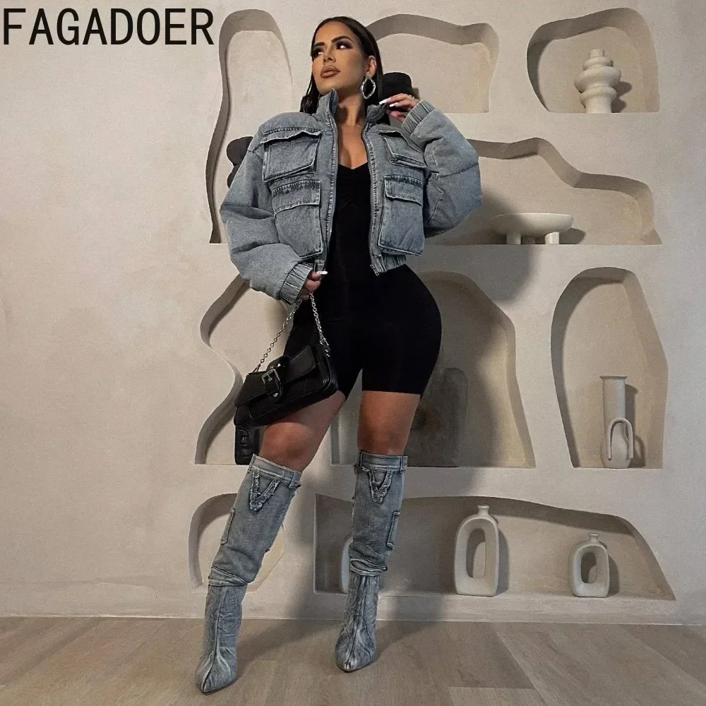 FAGADOER Fashion Puffer Denim Coats Women Y2K Streetwear Zip Cargo Pocket Patchwork Crop Coat Casual Female Clothing Winter New