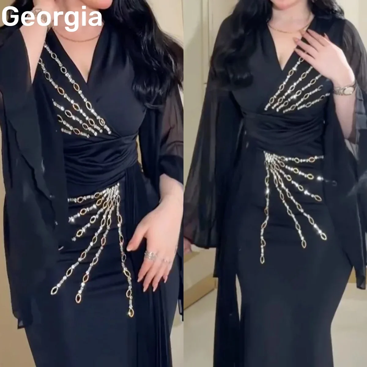

فساتين سهرة Customize Elegant Evening Dress A-Line Long Sleeves Floor-Length Prom Dresses V-Neck Beaded Zipper Up Formal Dresses