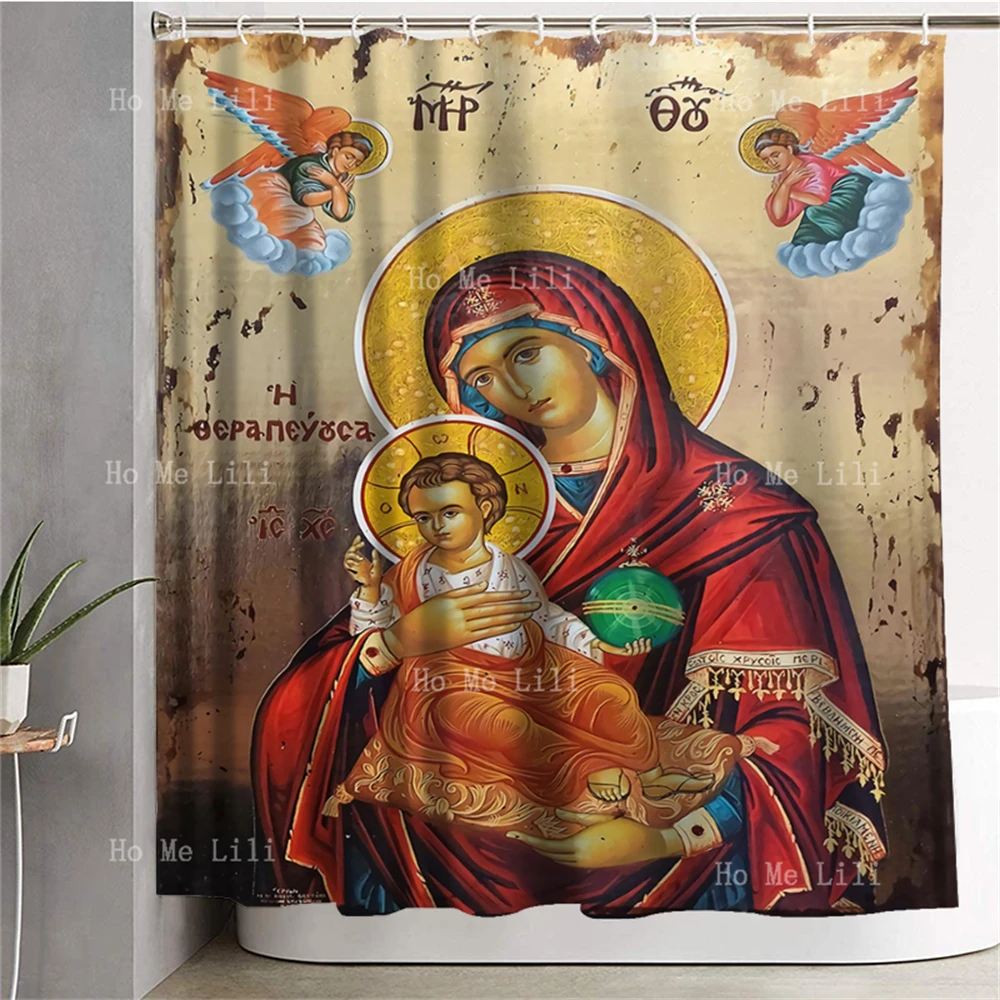 Sorrowful Virgin Mary Seven Swords Greek Christian Orthodox Icon The Mother Of God Shower Curtain For Bathroom Decor