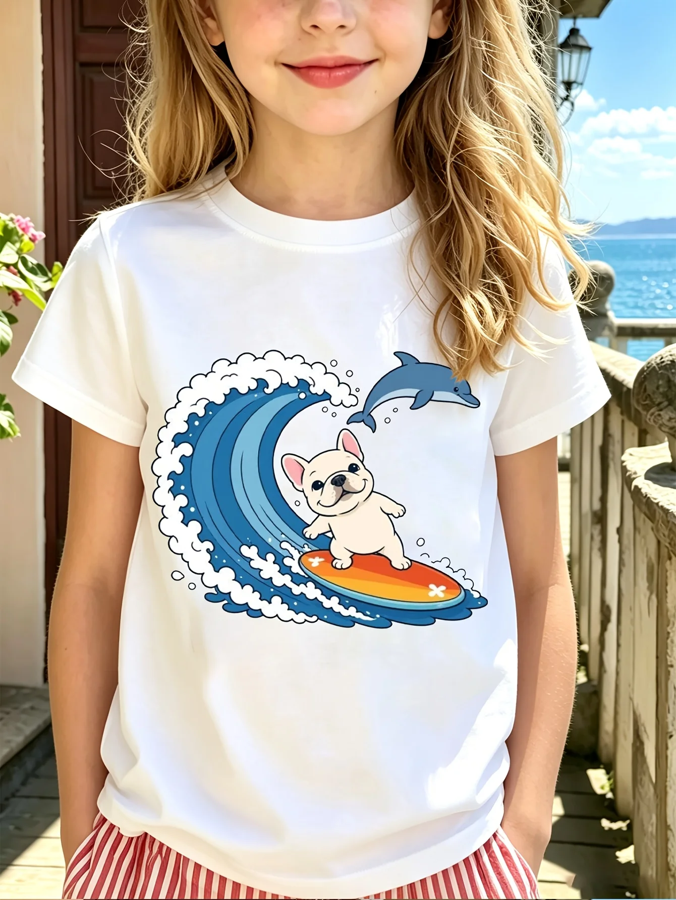 Surfing Bulldog Kids Tee Dolphin Wave Cartoon Graphic Print Boys Girls Family Matching Cotton Short Sleeve Children Tshirt