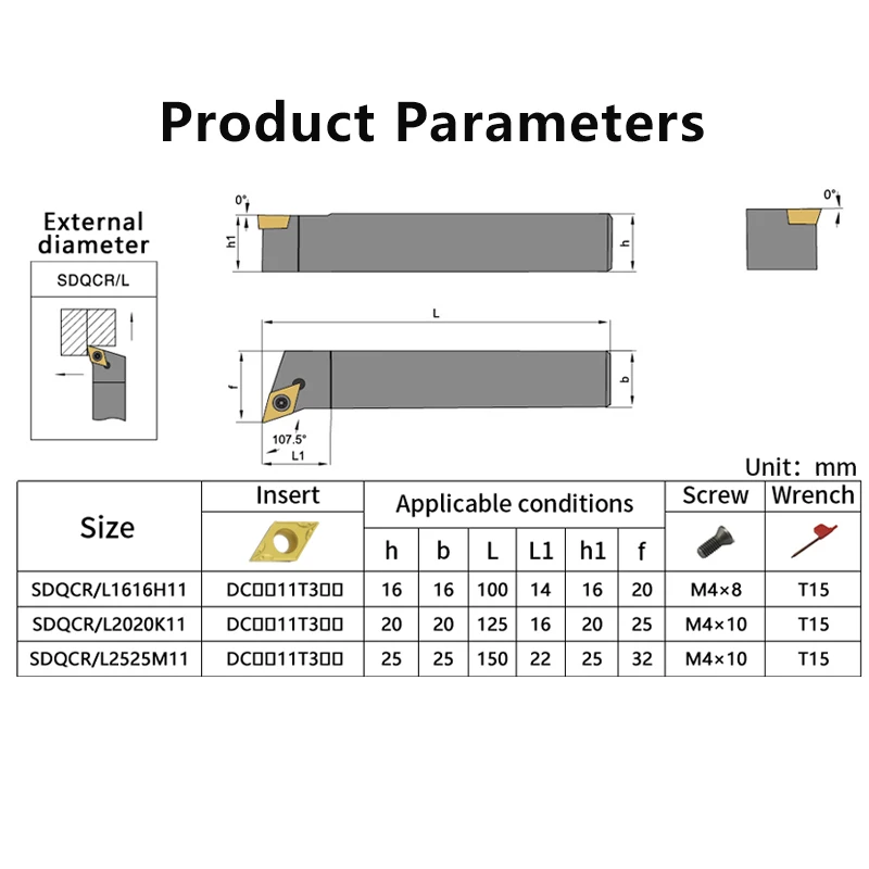 SDQCR1616H11 SDQCR2020K11 SDQCL2020K11 SDQCL2525M11 External Turning Tool SDQCR SDQCL Cutter Bar CNC Lathe Bar Turning Holder