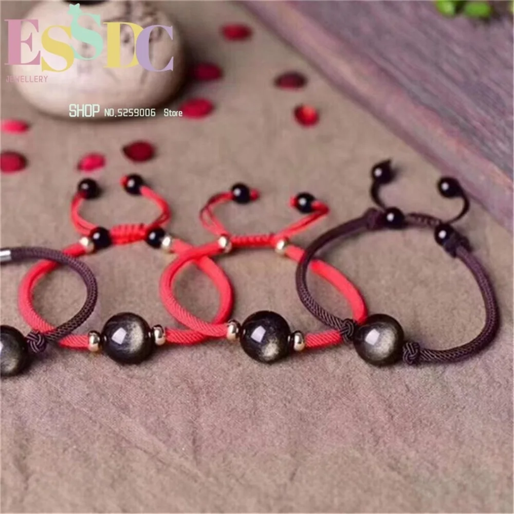 Fashion  Knitted Lucky Red Rope  Natural Round Gold Obsidian Charm Bracelet for Men and Women Hand String Birthday