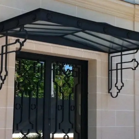 Custom Wrought Iron Awning with Fixed Operation Anti-UV Windproof Features Wall Mounted for Villa Traditional Scrollwork Design
