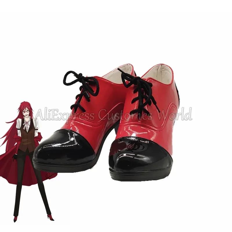Anime Black Butler Grell Sutcliff Scarpe Cosplay Stivali rossi Distintivi e portachiavi gratuiti Halloween Grell Sutcliff Cos Accessori