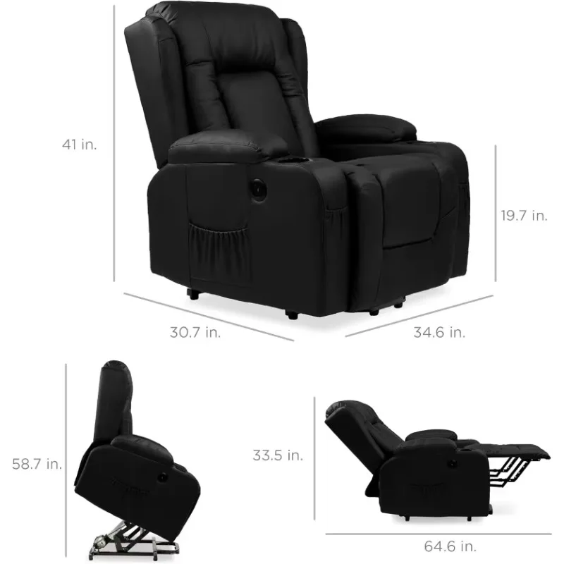 Leather Electric Power Lift Chair, for Back, Legs w/ 3 Positions, USB Port, Heat, Cupholders, Easy-to-Reach Side Button - Black