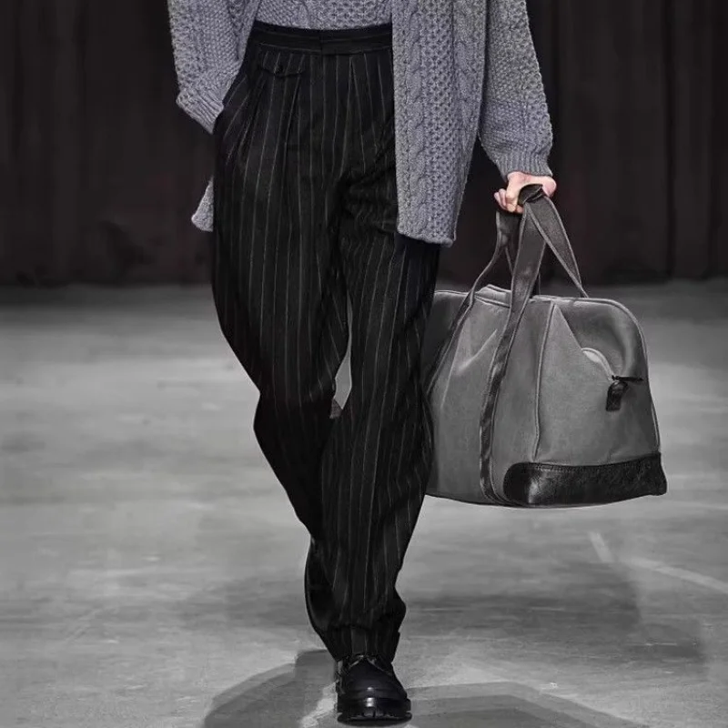 กางเกงขายาวลายทางตรงทรงหลวมแฟชั่นทวีดลำลองสำหรับผู้ชายฤดูใบไม้ร่วงฤดูหนาว