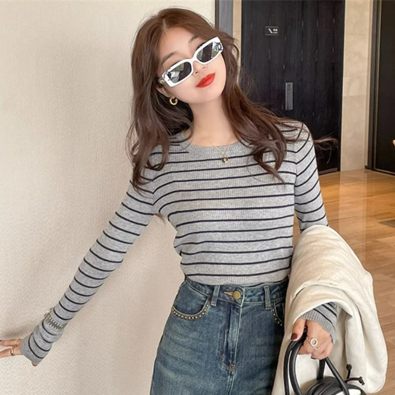 Sweater Top Striped Long Sleeve Pullover Slim Fit Inner Layer Tee Casual Base Bottoming Shirt Autumn Winter Fashion Lady Top