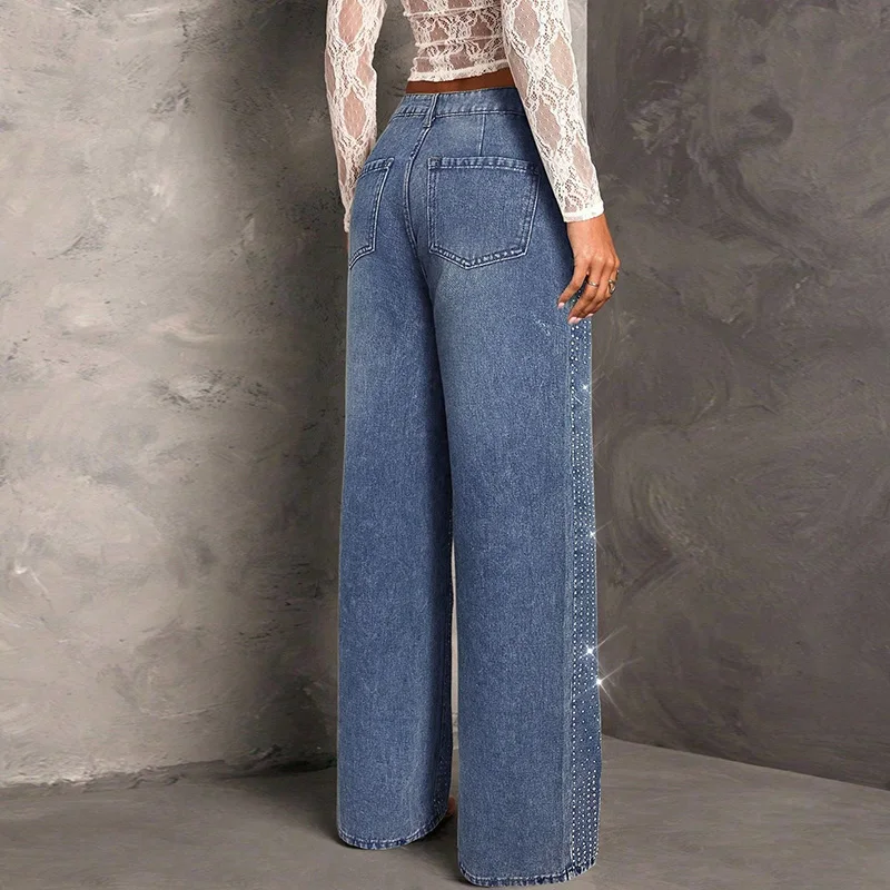 Benuynffy High Street Retro Diamonds Jeans Women's Spring Fall Mid Waisted Elastic Washed Loose Straight Wide Leg Denim Trousers