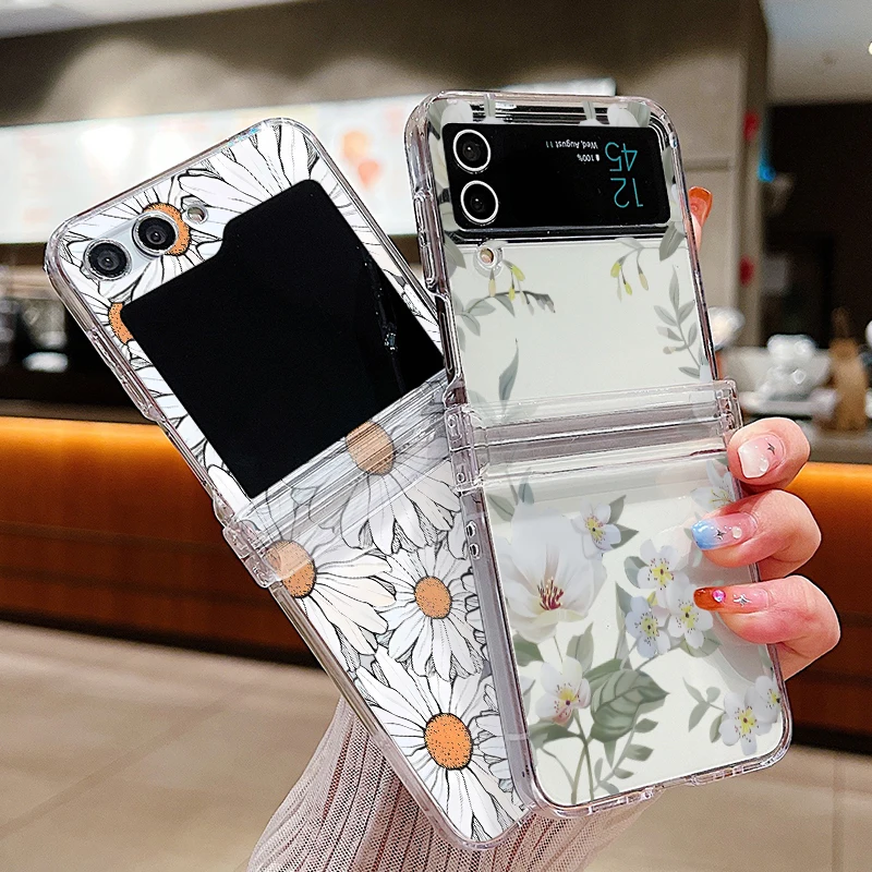 Flower Print Clear Phone Case For Samsung Galaxy Z Flip 6 5 3 5G Transparent Hard Folding Cover For Samsung Z Flip5 Flip4 Flip6