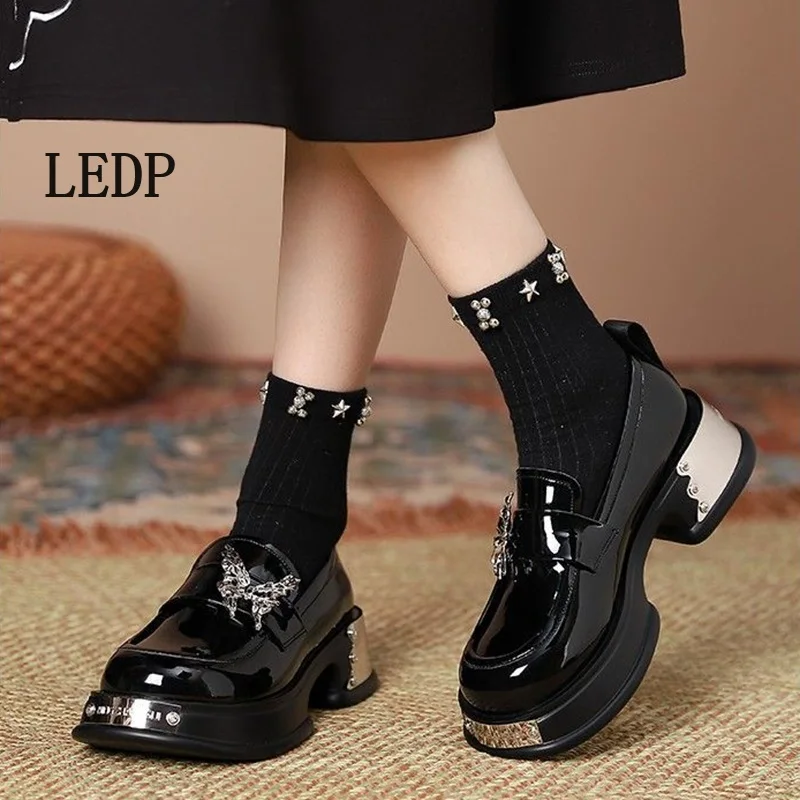 LEDP Brand Loafers Mary Jane Women 2024 Summer Metal Butterfly Thick Sole Deep Mouth Elevating Single Shoe Lolita 4.5CM Pump