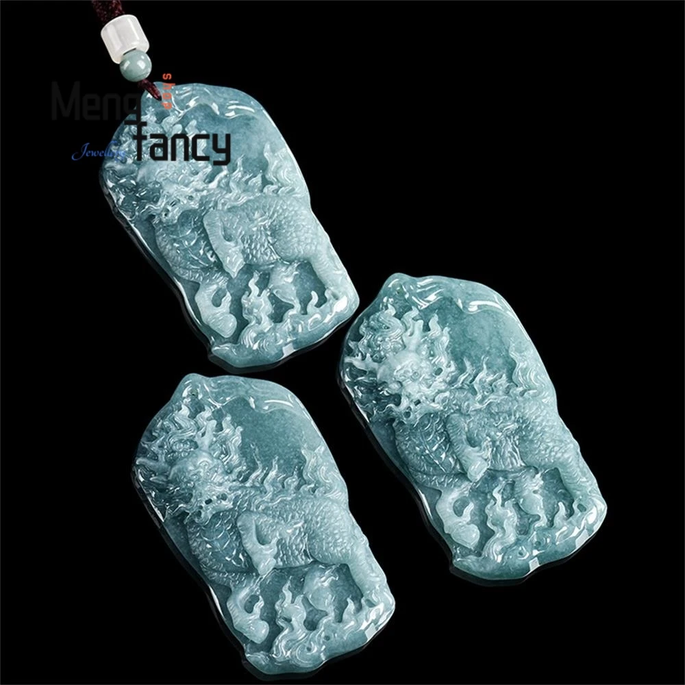 

Authentic Natural A-grade Jadeite Blue Water Treading on the Fire Qilin Domineering Ice Seed Jade Pendant Luxury Fashion Jewelry