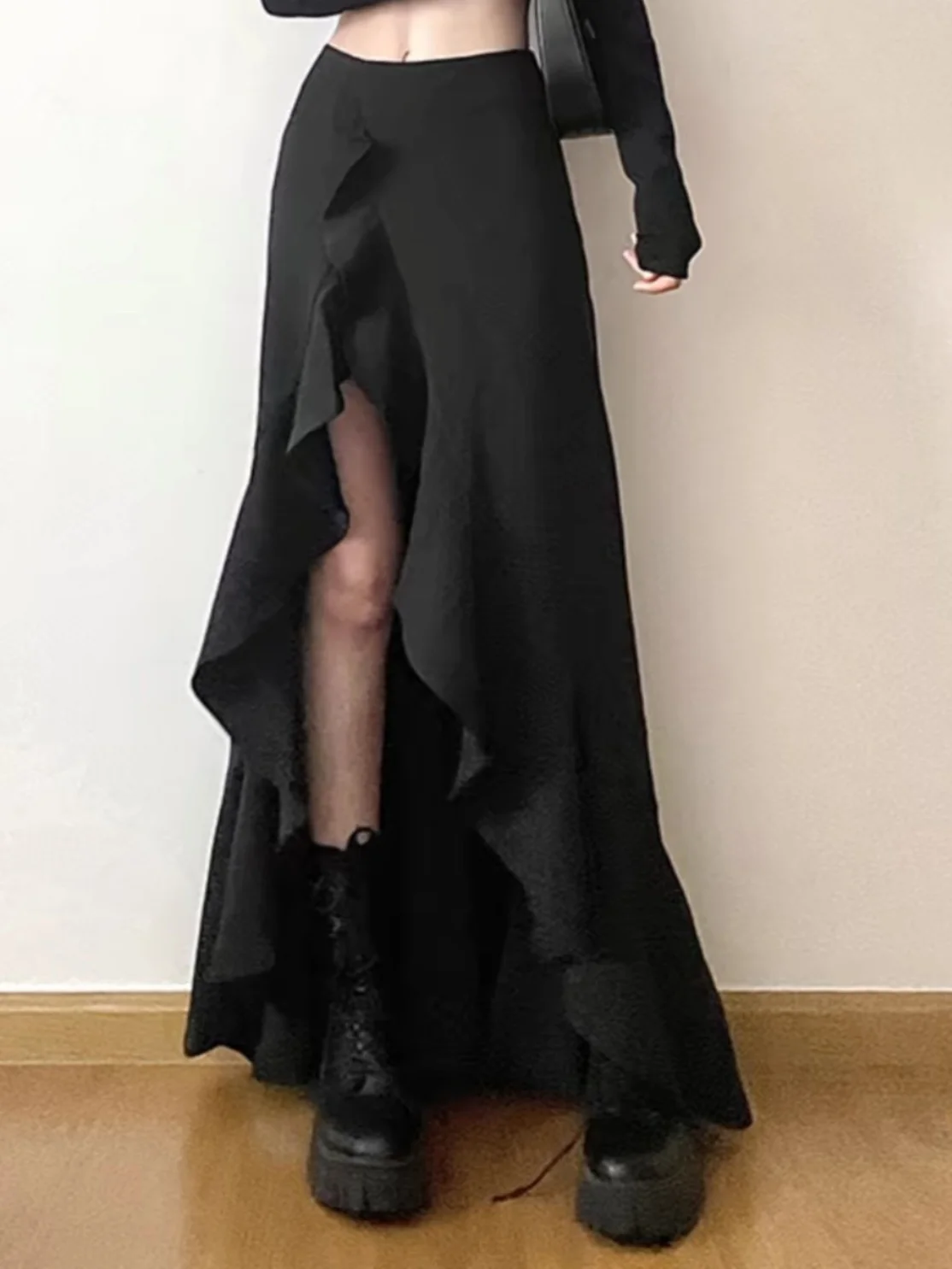 กระโปรงทรงเอเอวสูงไม่สมมาตรสำหรับผู้หญิงขนาดบวกดีไซน์อินเทรนด์เดินทางสลีโพลีเอสเตอร์ผสมกระโปรงยาว