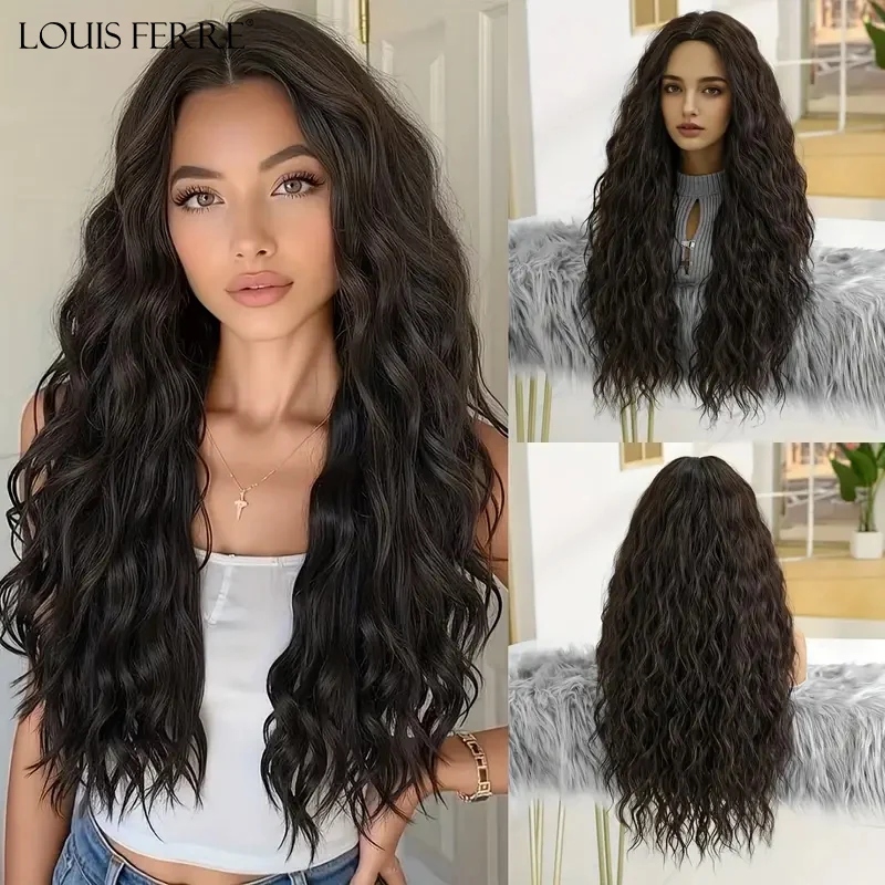 LOUIS FERRE Long Wavy Curly Synthetic Wigs Natural Brown Wigs For Women Daily Party Cosplay Use High Temperature Middle Part Wig