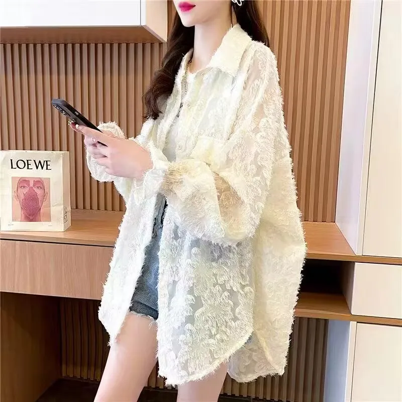 

Летняя тонкая солнцезащитная одежда 2025 Speing, женская свободная рубашка, топ в корейском стиле, женская рубашка с кисточками и цветами, повседневный кардиган