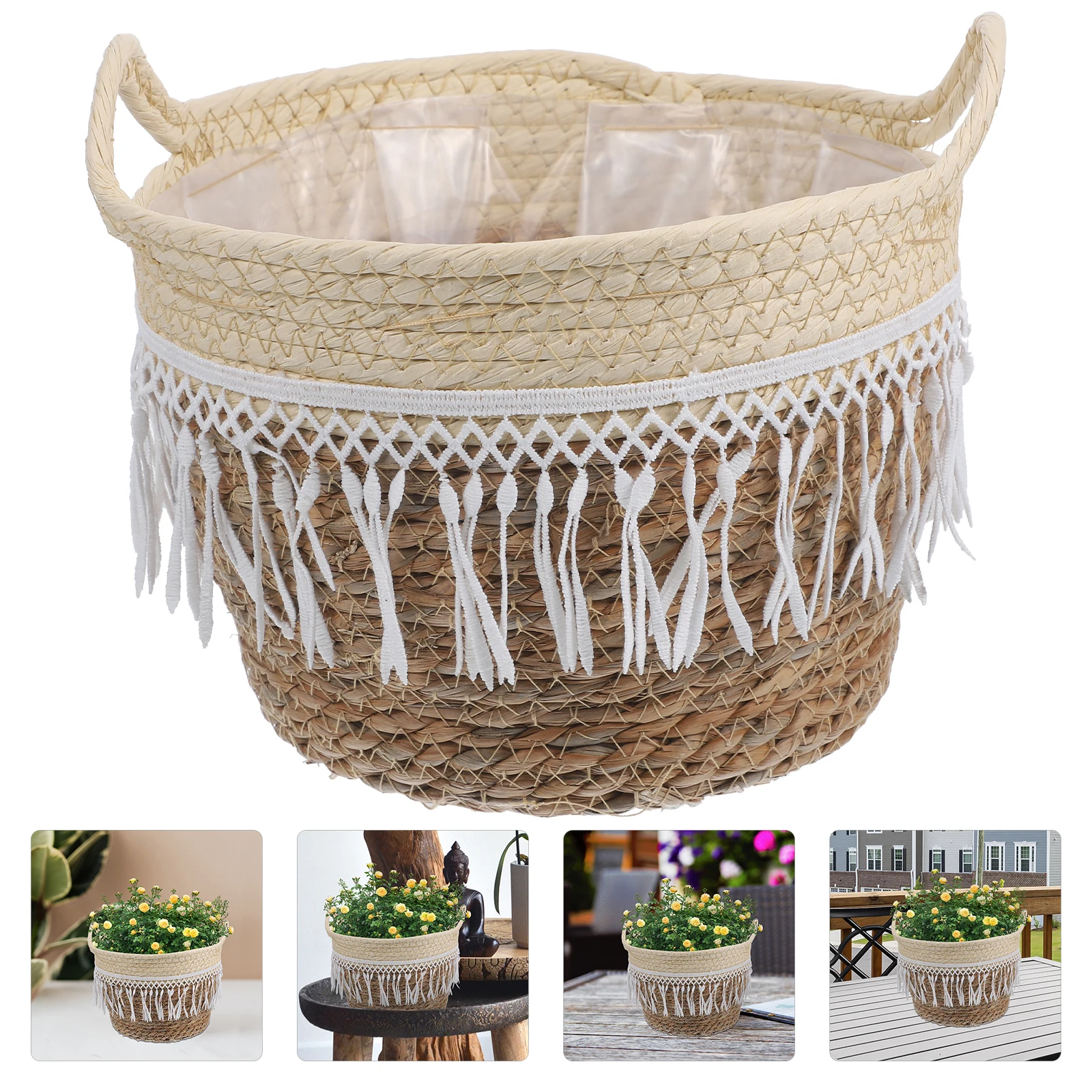 

Rope Hand Weave Planter Cotton Rope PE Liner Living Room Bedroom Office Decor Gift Country Style Woven for Plant