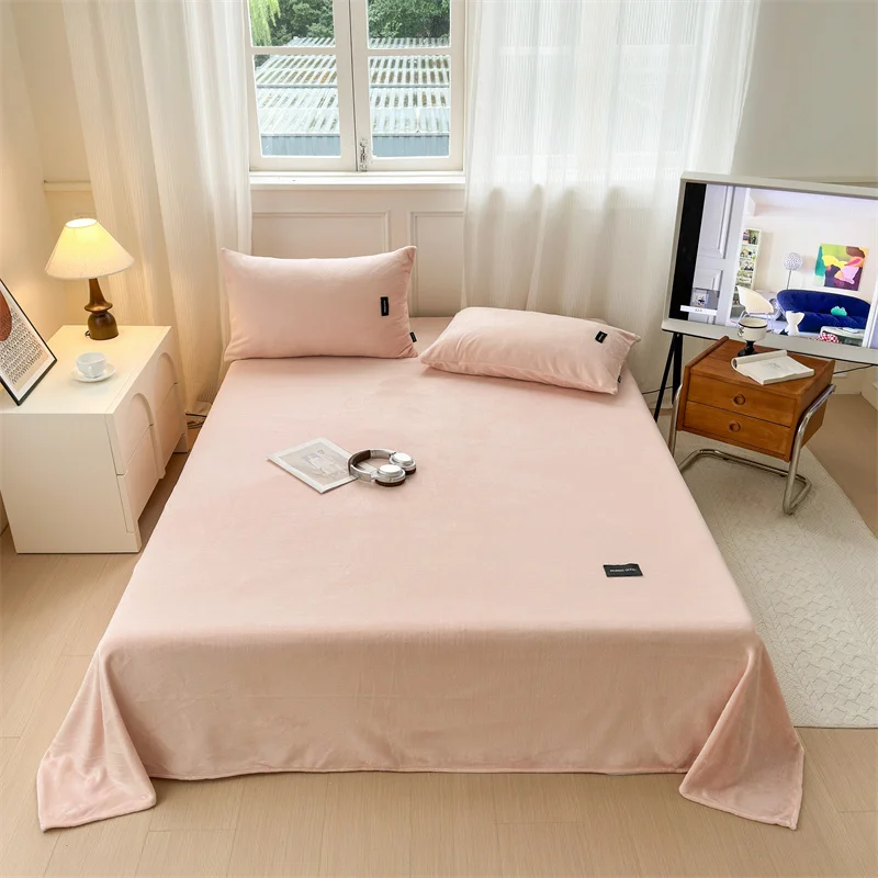 3pcs Solid Color Milk Velvet Bed Sheet Set Autumn Winter Warm Pink Bedding with 2 Pillowcases Soft and Skin-friendly Bed Cover