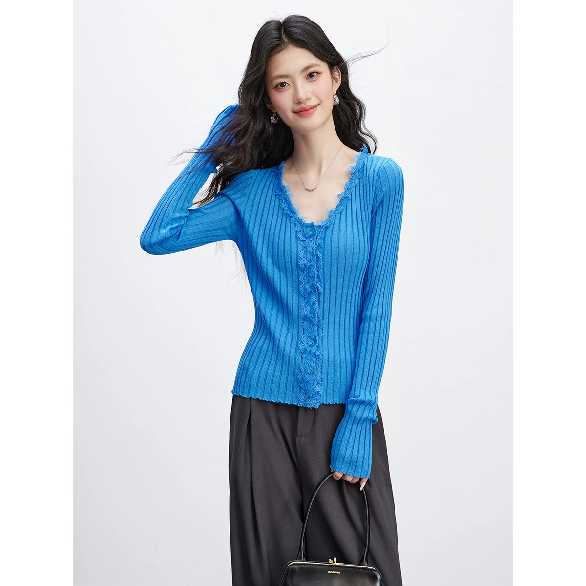 VIMLY Klein Blue Knit Sweater Women 2026 French Style V-neck Ruffled Trim Ribbed Pullovers Casual Slim-fit Long Sleeve Top 30678