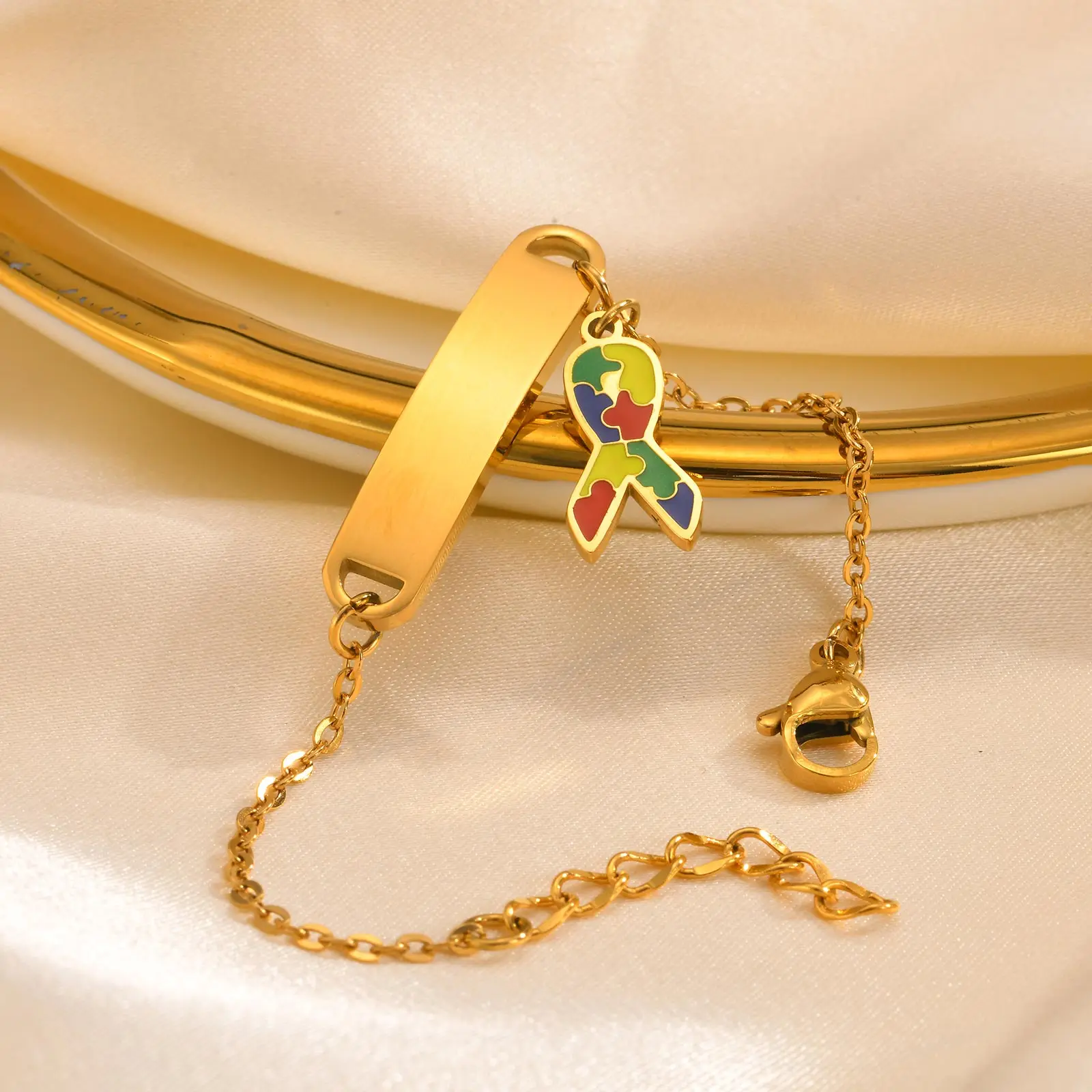 Pulseiras personalizadas gratuitas para identificação de autismo, presente para pais e filha, cola colorida por gotejamento, pulseira curvada para crianças com gravação