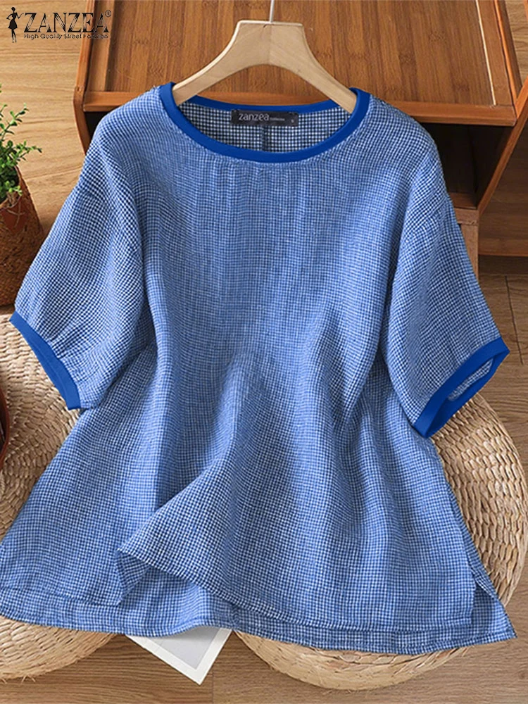 

Casual Loose Blouse Women Plaid Pullover Fashion Short Sleeve Tops ZANZEA 2025 Female O Neck Oversized Blusas S-3XL