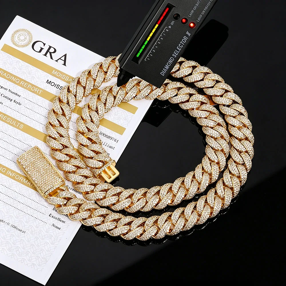925 Sterling Silver 13.5mm Cuban Link Chain Iced Out VVS Moissanite 18K Gold Plated Luxury Hip Hop Men's Necklace Gift for Party