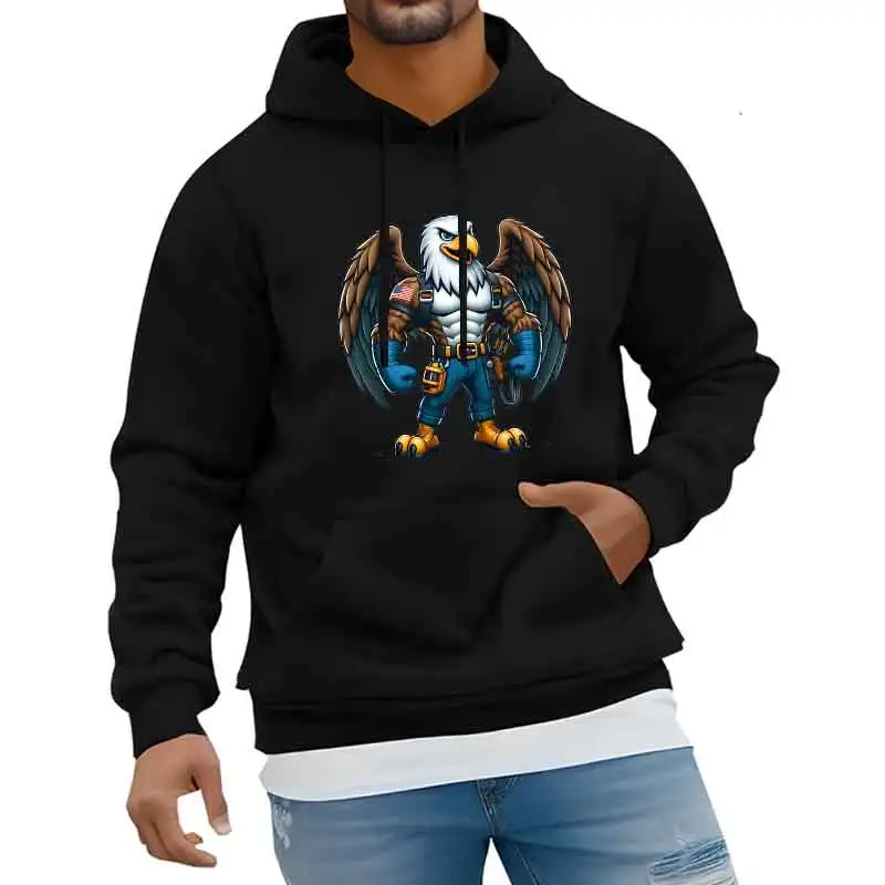 

Men Hoodie Eagle Print Y2K Casual Sport Pullover Blue Harajuku Long-sleeve Warm Sweatshirt Women Wear Street Trend Spring Autumn