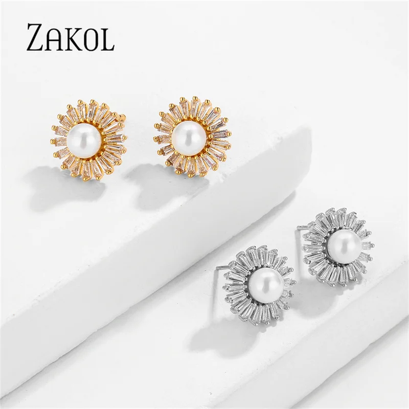 ZAKOL Elegant Imitation Pearl Stud Earrings for Women Wedding Engagement Jewelry Shiny CZ Flower Shape Timeless Female Earring