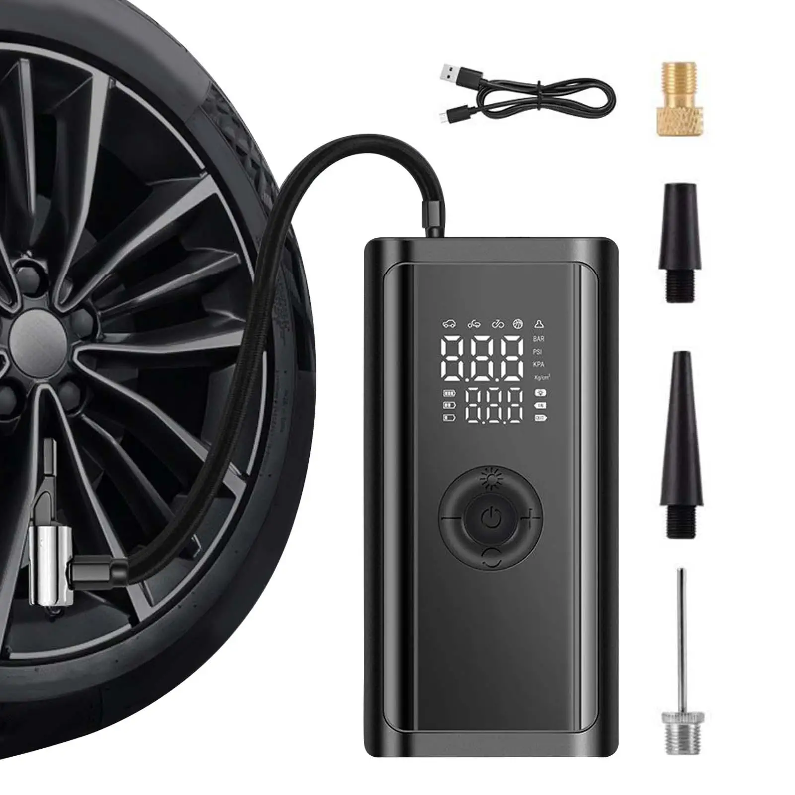 Portable Tire Inflator Auto Shut Off Inflation Tool With SOS Light Multi-Valve Cordless Tire Air Compressor For Road Trip