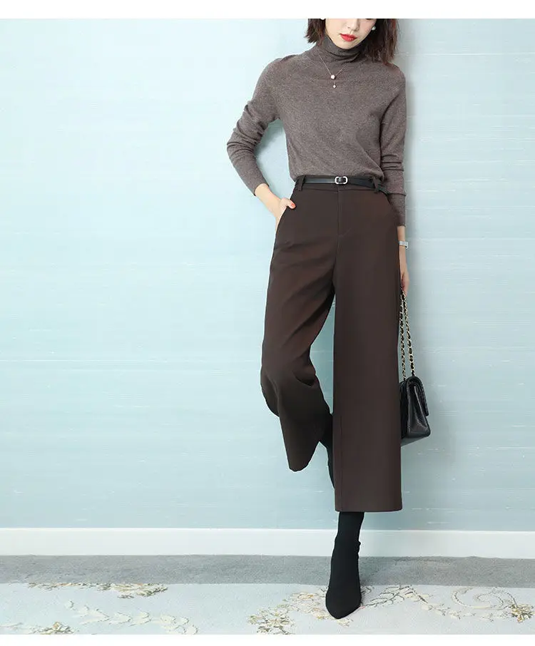 Wool Temperament BootPants Women's Autumn and Winter Wide-LegPants Slimming High WaistStraightCroppedPants CasualPants with Belt