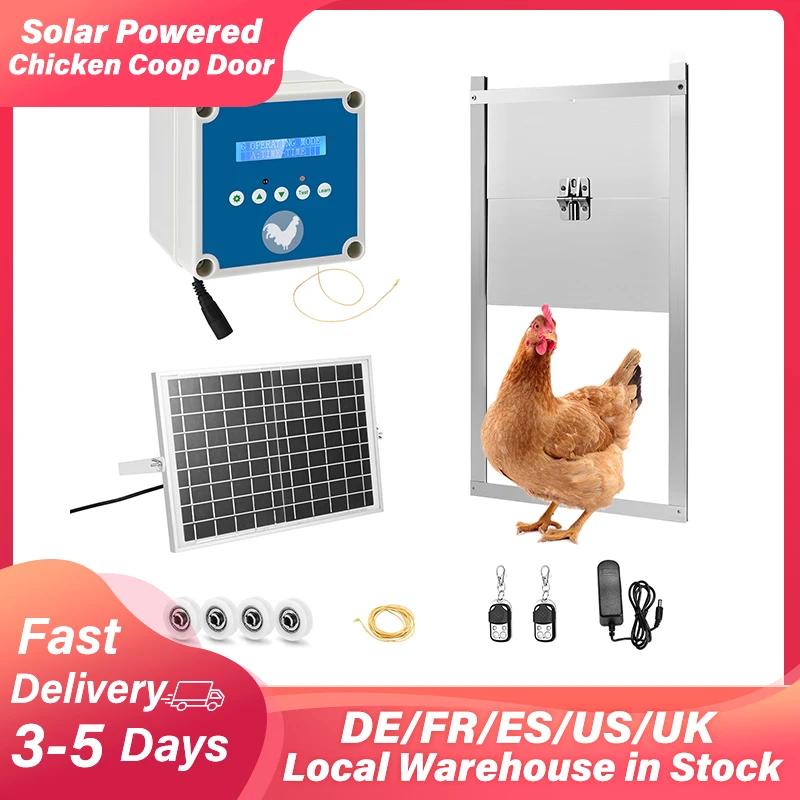 Automatic Chicken Coop Door Light Sensor Timer Open and Closed LCD Screen Power&Solar Energy Powered Supply Chicken Coop Door