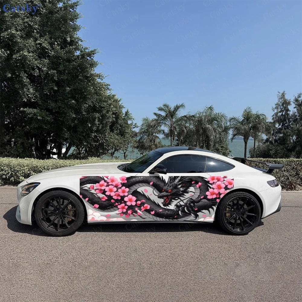 Autocollant latéral de carrosserie de voiture, 2 pièces, motif Dragon noir avec fleurs de cerisier, grands autocollants en vinyle, graphiques latéraux de porte automobile