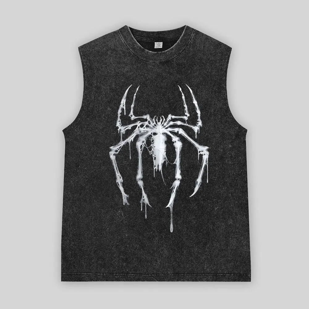 Y2K Vintage Washed Tank Top 100% Cotton Men Skeleton Spider Graphic Casual Streetwear Workout Sleeveless Top
