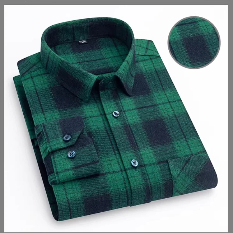 2026 New Casual Fashion Brushed Cotton Plaid Long-Sleeve Shirt for Men, Square Neck Premium 100% Long-Staple Cotton Men's Camisa
