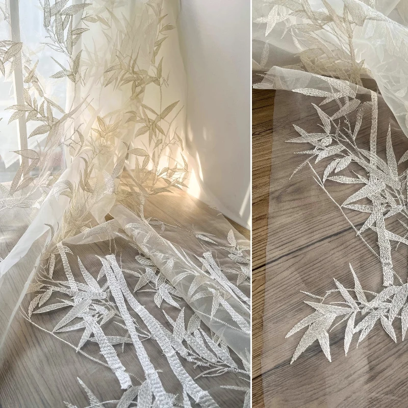 

Bamboo Leaf Embroidery Lace Jacquard Mesh Fabric Apricot Light and Thin New Chinese Wedding Dress Hanfu Clothing Designer Fabric