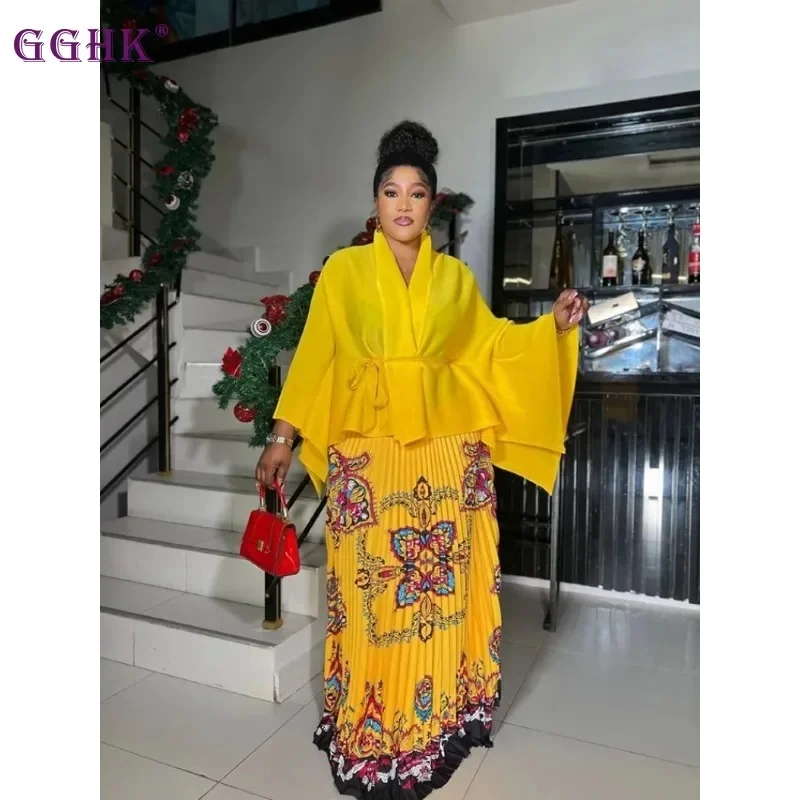 GGHK Pleated Women 2 Piece Lapel Bat Sleeve Cardigan Solid Color Top High Waist Casual Printed A-Line Half Skirt 2025 Party Set