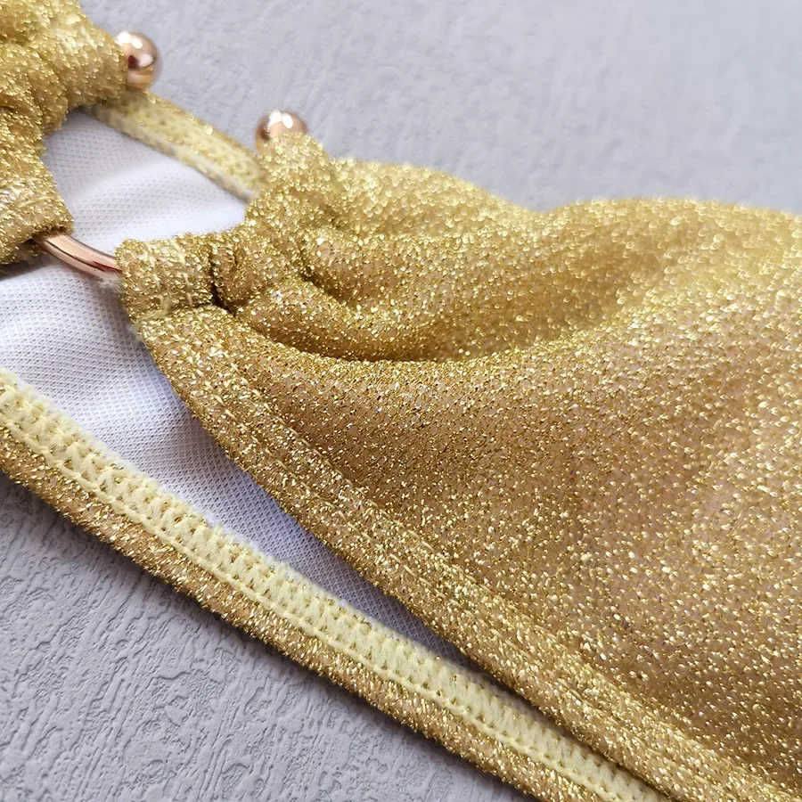 Sexy Gold-Glitzer-Bandeau-Bikini-Sets, zweiteilig, Metallring, Tanga, Badeanzug, Badeanzug, Bademode, Biquini, Bakini, Tankini